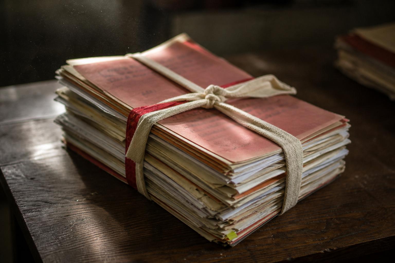 Cloth-tied court files on a wooden table
